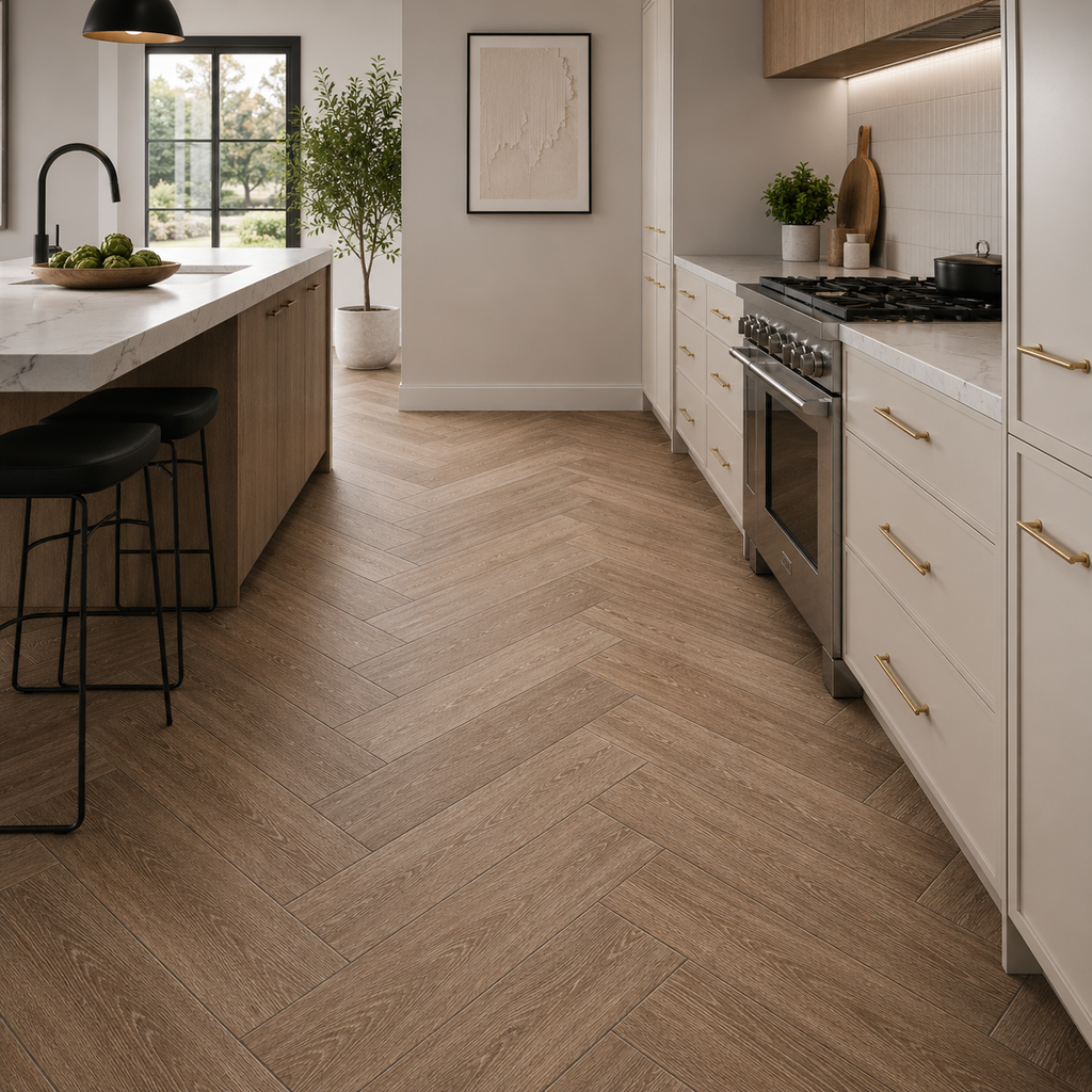 Modern kitchen with wooden floor in a herringbone formation, white cabinets, and stainless steel appliances.