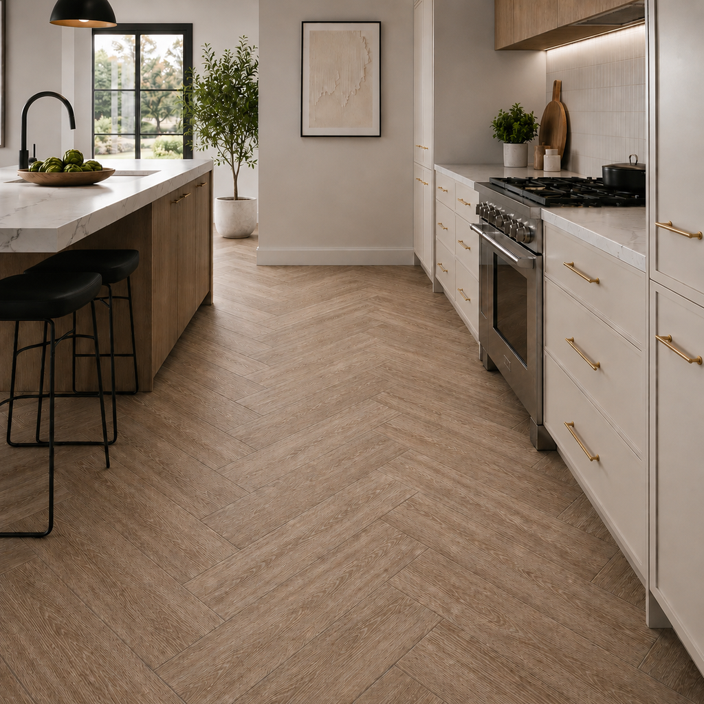 Modern kitchen with wooden floor, white cabinets, and stainless steel appliances.