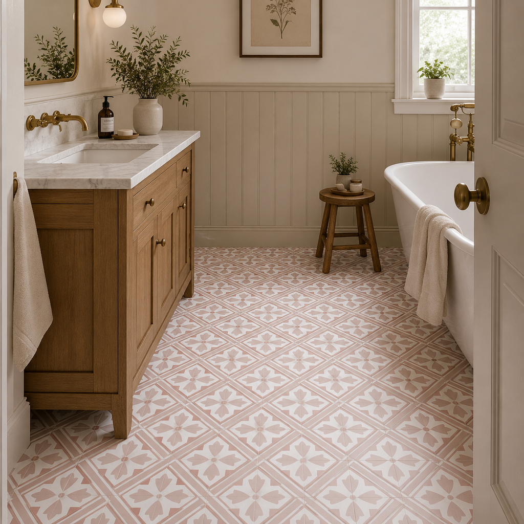 Contempory Bathroom with Pink Laura Ashley Mr Jones Floor Tiles