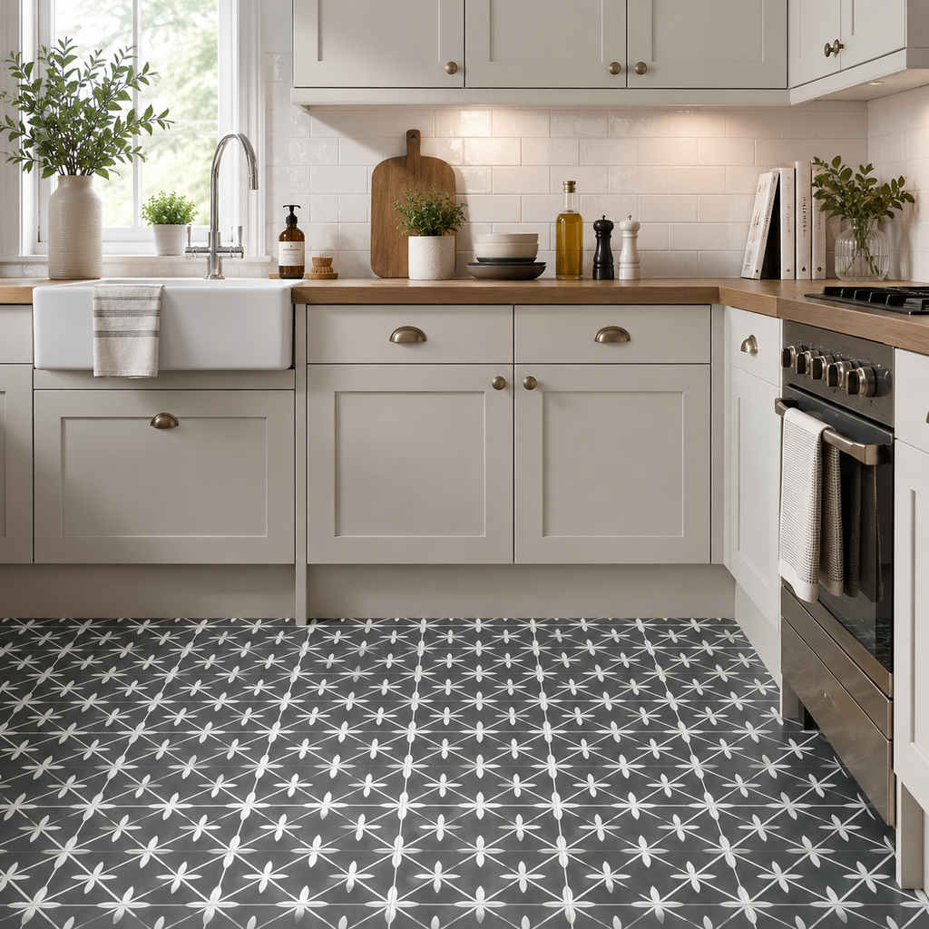 Modern kitchen with gray cabinets, wooden countertops, and a patterned gray floor.