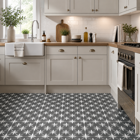 Modern kitchen with gray cabinets, wooden countertops, and a patterned gray floor.