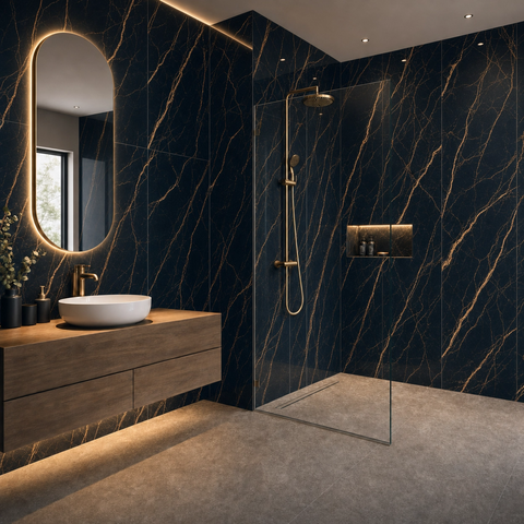 Linear Atlantic Black and Gold Marble Effect 60x1200mm Porcelain Wall and Floor Tile in Modern Bathroom 