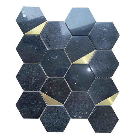 Luxor Hexagon Nero Marquina Black and Gold Marble Mosaic Wall and Floor 278x337mm Tile Product Photo