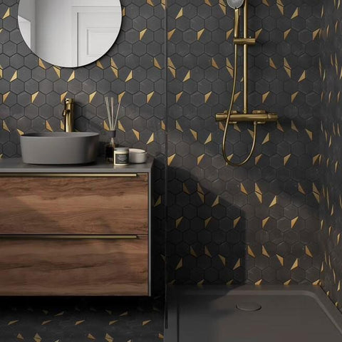 Luxor Hexagon Nero Marquina Black and Gold Marble Mosaic Wall and Floor 278x337mm Tile on Bathroom Wall and Floor, Gold Shower