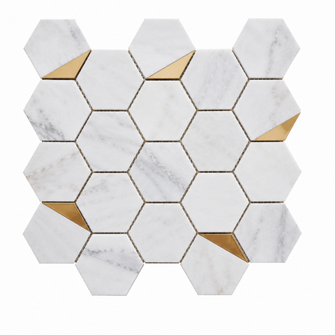 Hexagonal marble tiles with gold accents on a white background