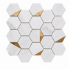 Hexagonal tiles with white marble and gold accents on a white background