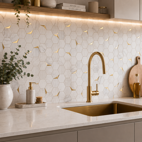 Modern kitchen with gold faucet and marble hexagonal tile backsplash
