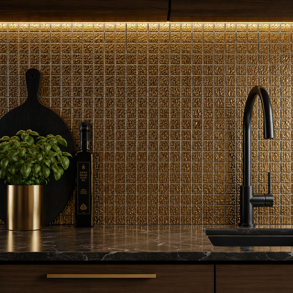 Modern kitchen with black faucet, marble countertop, and gold tile backsplash.