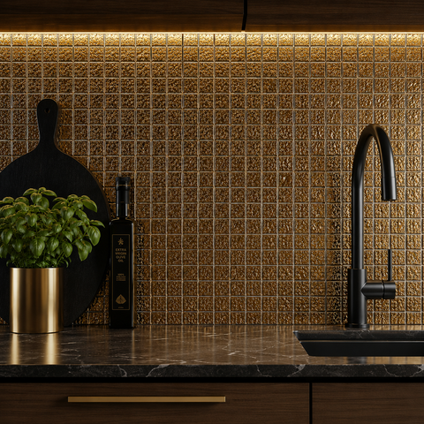 Modern kitchen with black faucet, marble countertop, and gold tile backsplash.