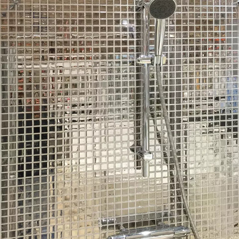 Metallica Silver Glass Square Wall Mosaic Tile in Shower