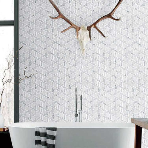 Meteorite Hexagon Authentic White and Grey Marble Mosaic Wall and Floor Tile on Bathroom Wall as Feature Wall