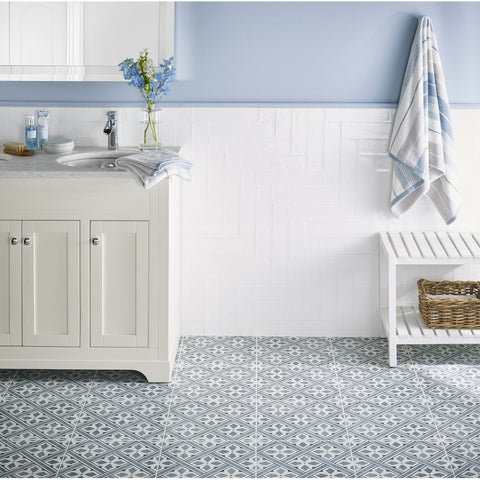 Mr Jones Midnight Dark Blue Wall and Floor Porcelain 33x33cm Pattern Tile on Bathroom Floor
