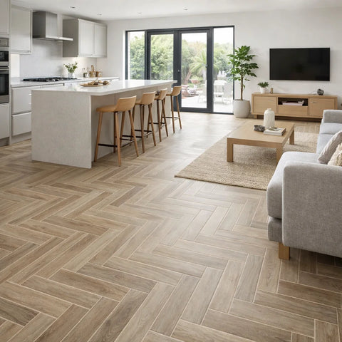 Natural Blonde Light Oak Herringbone Wood Effect Floor and Wall 600x100mm Porcelain Tile in Open Plan Kitchen Living Room Side View