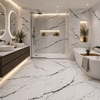 Modern bathroom with marble tiles, a bathtub, and shower area.