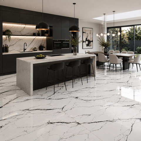 Modern kitchen with dramatic white and black marble island and floor