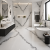 Modern bathroom with marble-like flooring and walls, featuring a freestanding bathtub and vanity area.