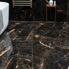 Nero Marquina Black and Gold Polished Marble Effect 600x600mm Floor Tile in Bathroom 3