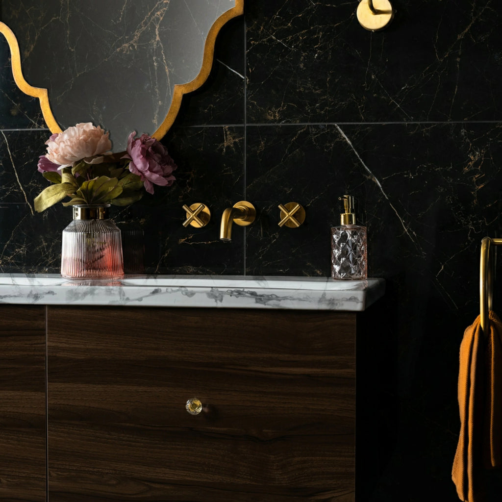 Modern Bathroom with Black and Gold Marble Effect Tiles