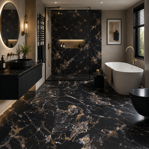 Noir Portoro Black and Gold Marble Effect 1200x600mm XL Matt Porcelain Wall and Floor Tile in Modern Luxury Bathroom 