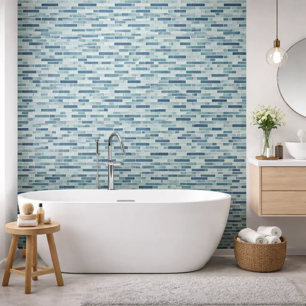 Oceania Blue Linear Sparkle Glass Mosaic Wall Tile in modern bathroom