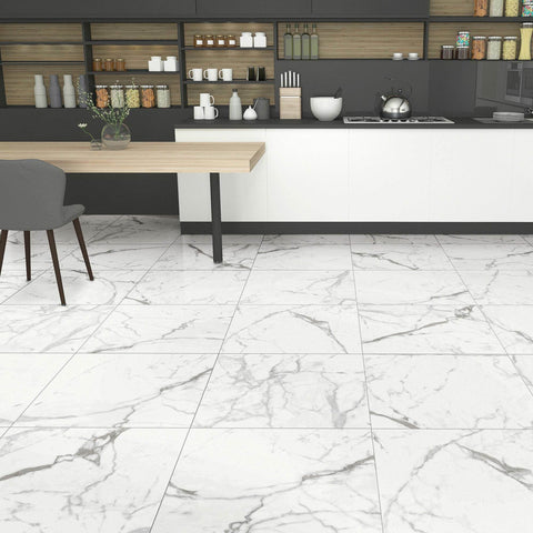 Panna Calacatta Matt Marble Efect 600x600mm Floor Tile in Kitchen