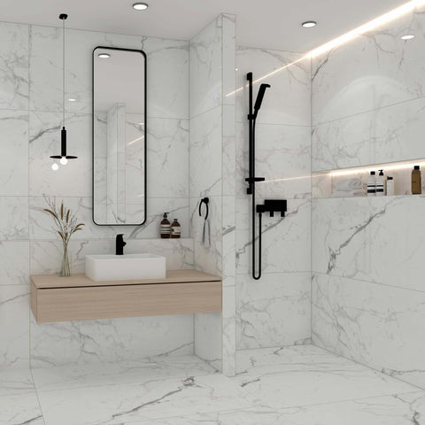 Panna Calacatta XL Polished Porcelain Marble Efect 1200x600mm Wall and Floor Tiles in Bathroom