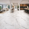 Refina White Marble Effect XL 1200x1200mm Polished Porcelain Floor Tile in Open Plan Kitchen Living Area