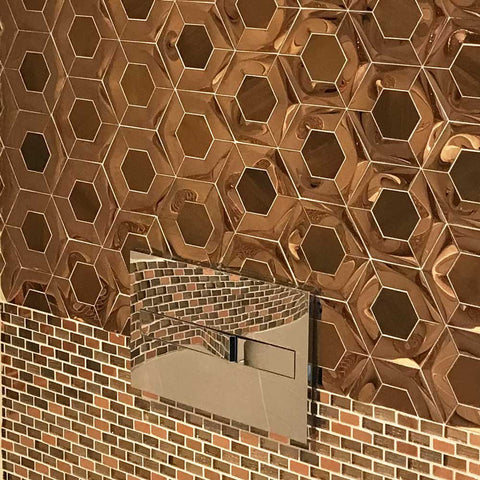 Rose Gold and Copper Bronze Hexagon Mosaic Wall Tile on Bathroom Wall