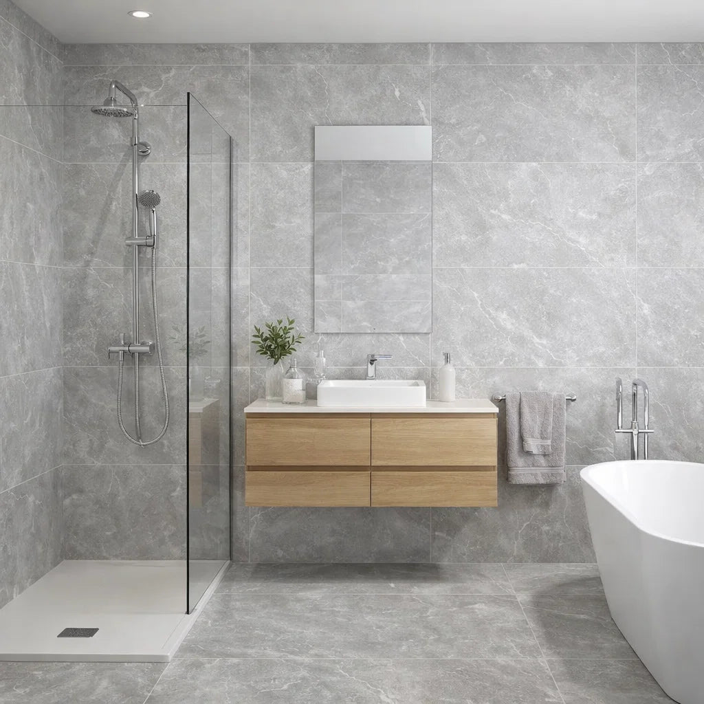 Modern bathroom with grey large format stone effect tiles, wooden vanity, and white fixtures.