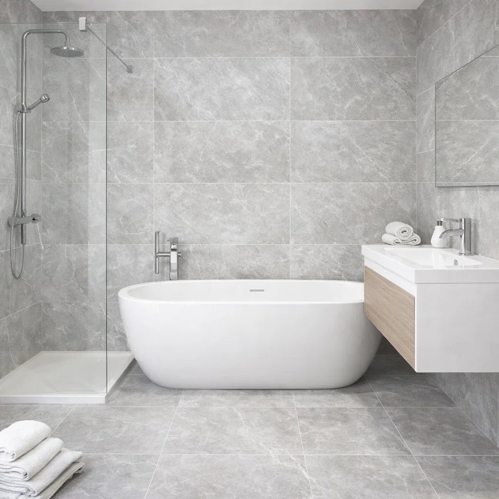 Modern stone effect bathroom with freestanding bathtub, shower, and sink.