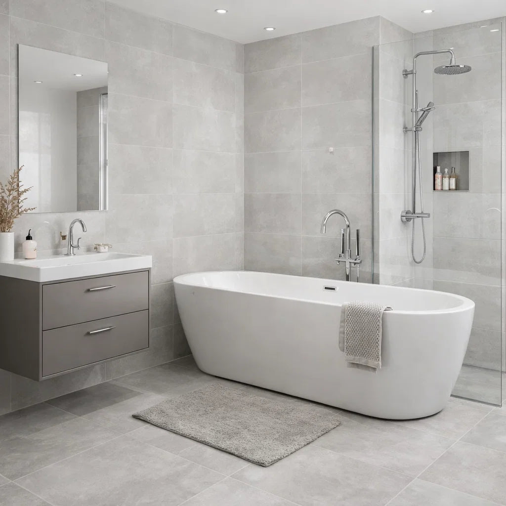 Silente Light Grey Stone Effect 600x300mm Lappato Sugar Finish Wall and Floor Tile in Bathroom