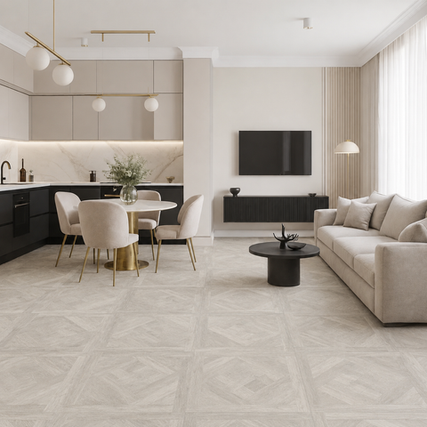 A modern open-plan living and dining room with light beige herringbone-patterned floor tiles, a beige sofa, a black round coffee table, a dining set with beige chairs, and a minimalist kitchen in the background.