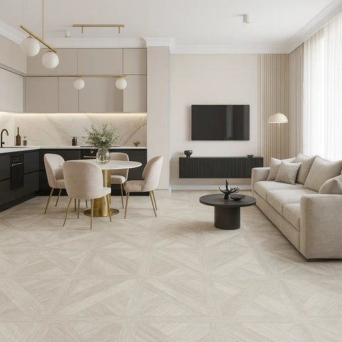 Skandi Parquet Ash Blonde Light Oak Wood Effect 600x600mm Wall and Floor Tile in Open Plan Kitchen Living Room