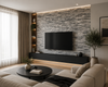 Modern living room with a stone-textured wall, TV, and beige sofa.