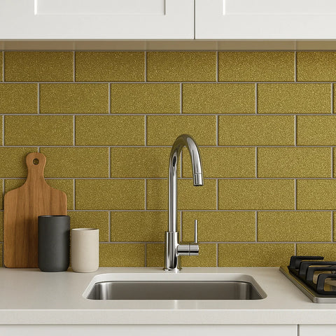 Sparkle Gold Glitter Glass Metro 75x150mm Wall Tile as kitchen splashback