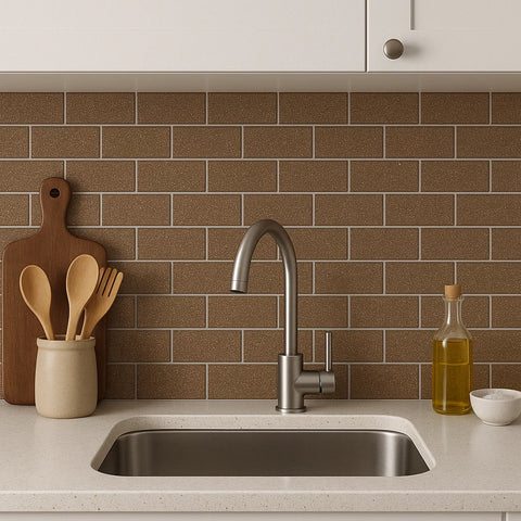 Sparkle Rose Gold Glitter Glass Metro 75x150mm Wall Tile in kitchen as splashback