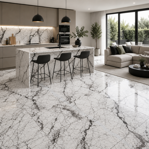 Modern Kitchen with Dramatic White and Black Marble Effect Floor Tiles