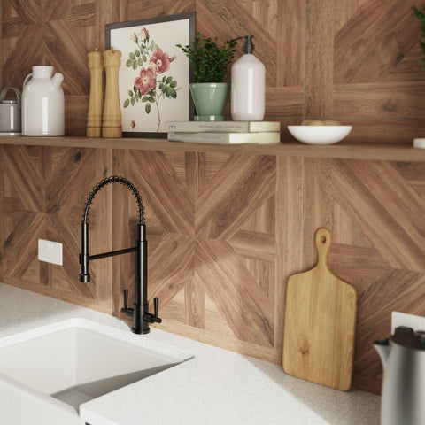 Star XL Parquet Rich Dark Oak Wood Effect 750x750mm Wall and Floor Tile in Kitchen