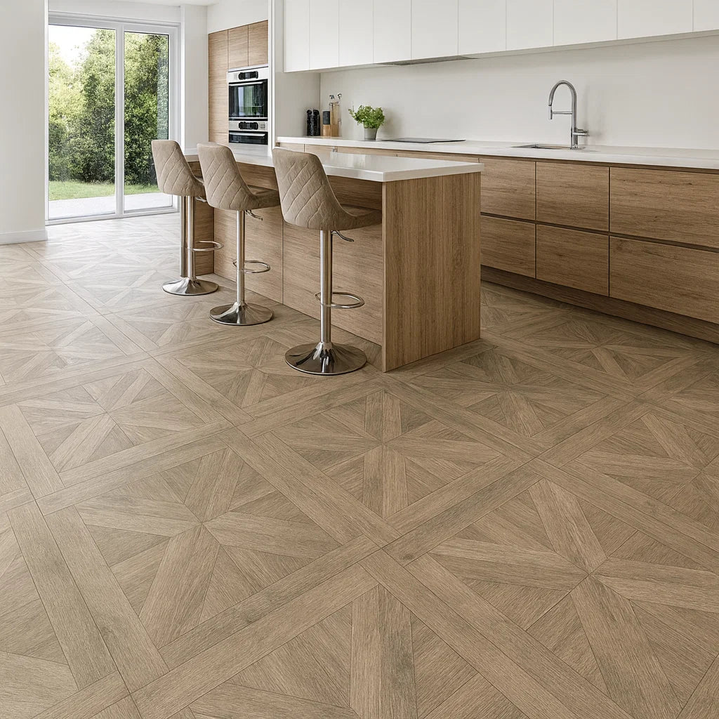 Starline Parquet Greige Oak Wood Effect Porcelain 600x600mm Floor Tile in Open Plan Kitchen