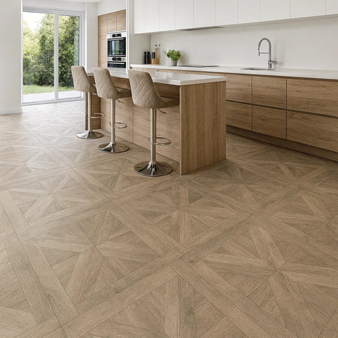 Starline Parquet Greige Oak Wood Effect Porcelain 600x600mm Floor Tile in Open Plan Kitchen
