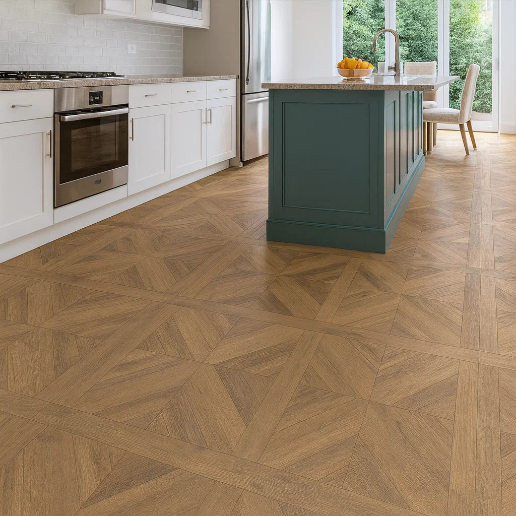 Starline Parquet Honey Natural Oak Wood Effect Porcelain 600x600mm Floor Tile in Open Plan Kitchen