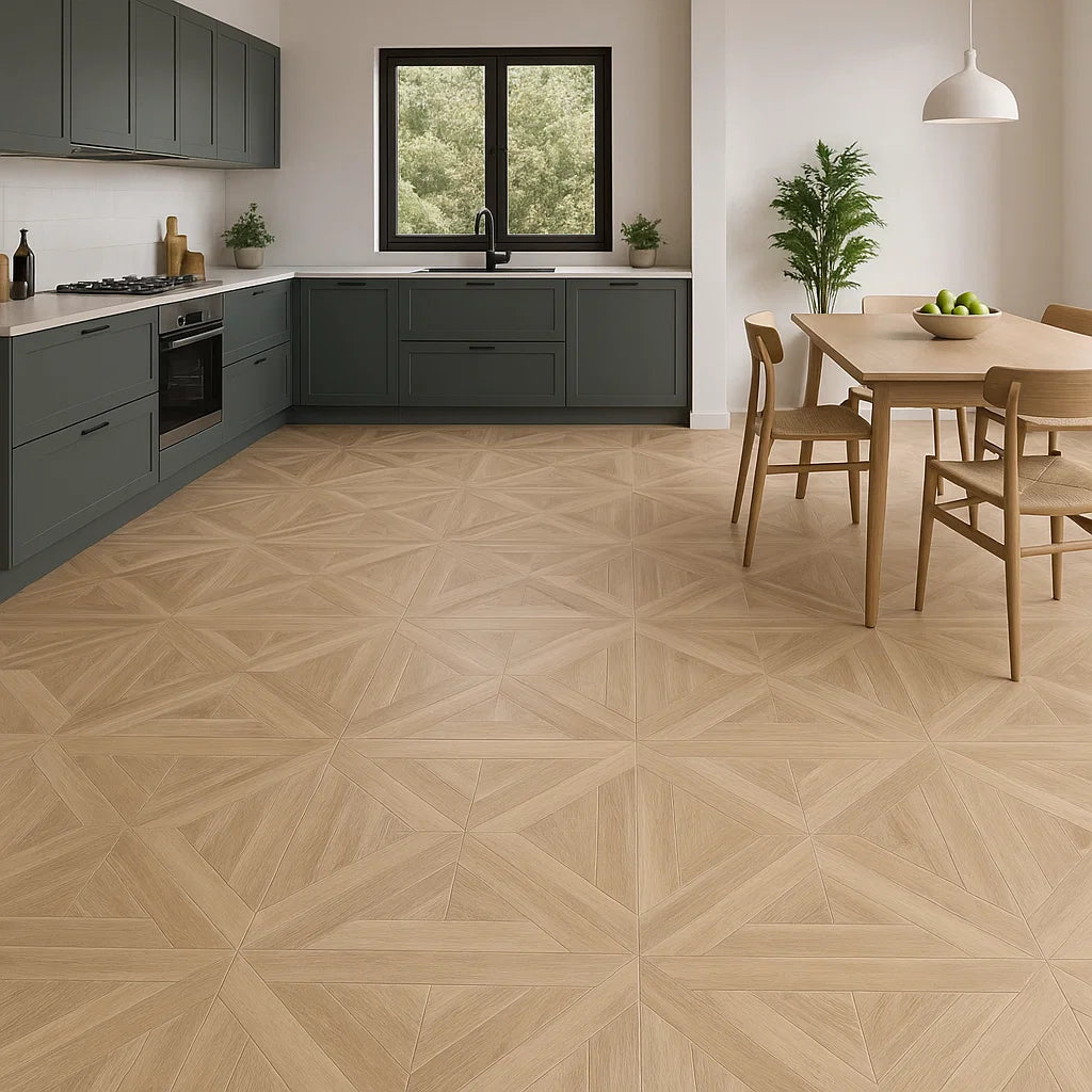 Starline Parquet Light Beige Oak Wood Effect Porcelain XL 750x750mm Floor Tile in Open Plan Kitchen Dinning Room