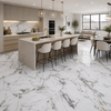 Modern kitchen and living room with marble flooring