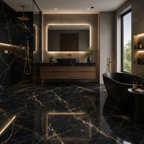 Modern bathroom with black marble floor, wooden vanity, and large mirror.