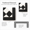 Traditional Diamond black and white quarry mosaic corner tile shown in an informational layout with text callouts and a small border application diagram on a white background.