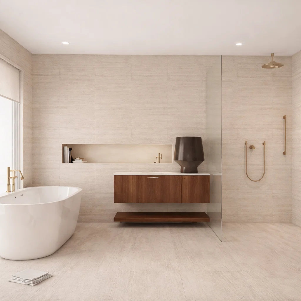 Modern bathroom with freestanding bathtub, wooden vanity, and shower area.
