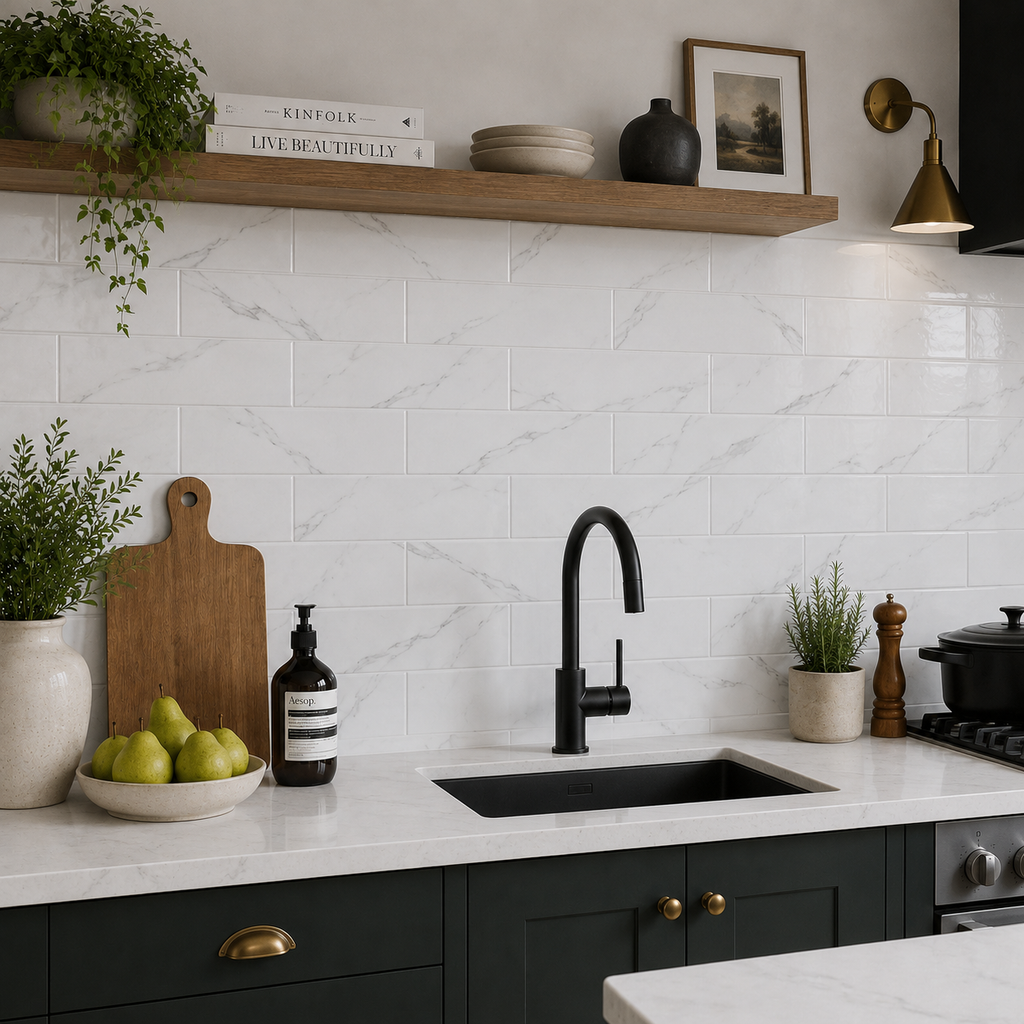 Venice Gloss White Marble Effect Metro Flat Subway 100x300mm Wall Tile in Kitchen