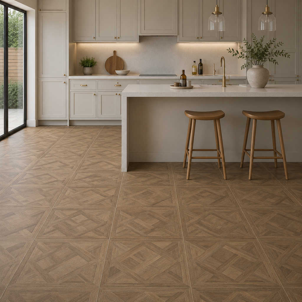 Modern kitchen with wooden parquet floor tiles and bar stools.