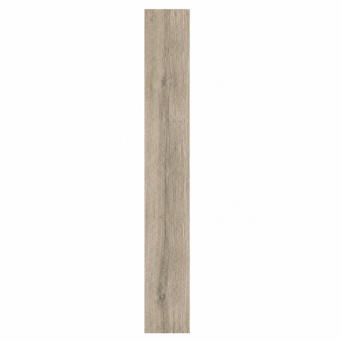 A single long rectangular wood-look plank or tile sample in a light weathered gray-brown tone, centered on a plain white background.