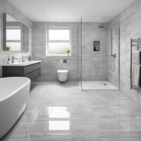 Wave Light Grey Polished Porcelain Stone Effect 600x300mm Wall and Floor Tile in Bathroom
